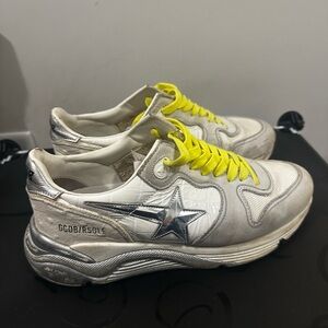 Golden Goose White and Silver Sneakers with Yellow Laces